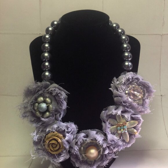 lenora dame Necklace Chunky Floral Mixed Elements Plum Statement Boho - Picture 2 of 15